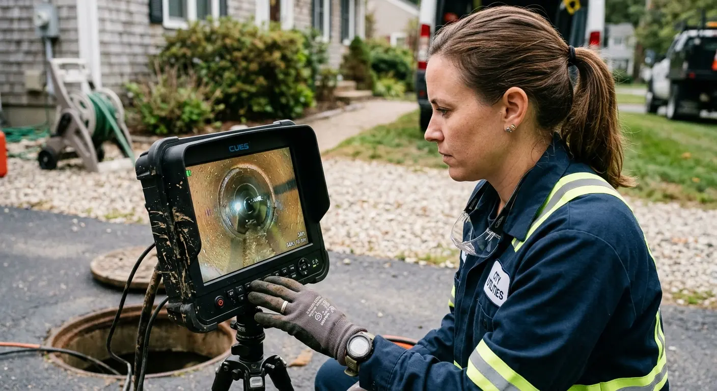 Technician reviewing sewer camera inspection footage in Jamestown