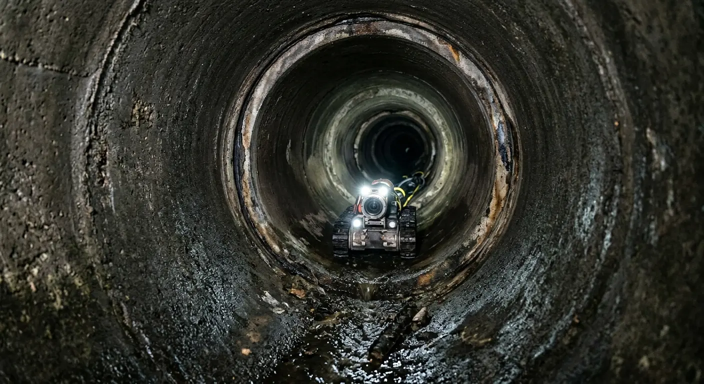 Robotic sewer camera inspecting pipe interior for Sewer Line Cleaning in Jamestown