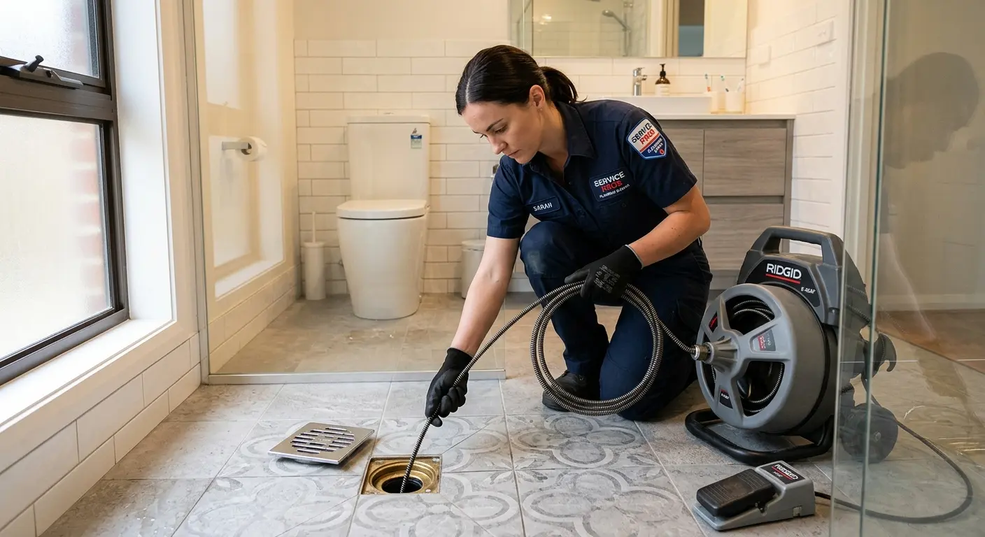 Technician clearing a bathroom floor drain for Sewer Line Replacement in Jamestown